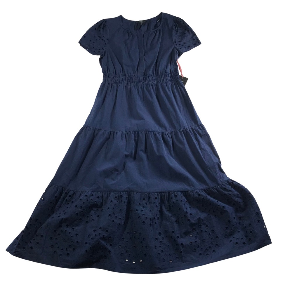 Cynthia Rowley Navy Blue Cotton Eyelet Tiered Midi Dress XL Smocked Waist